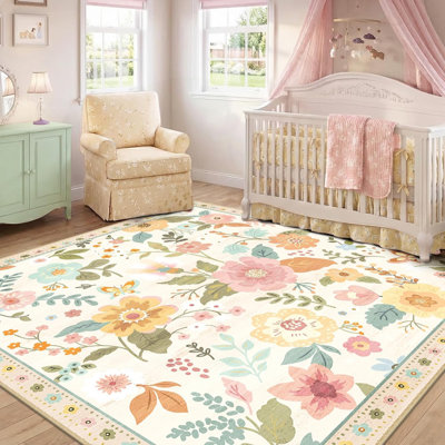Motif floral carré de 8 pi avec motif lavable Boho, tapis mignon et antidérapant à fleur pour le salon, la chambre, la cuisine, le bureau, la ferme, beige, blanc, orange