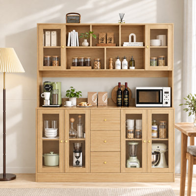 Grand vaisselier de cuisine (150 cm L x 173 cm H) avec portes vitrées et tablette pour micro-ondes