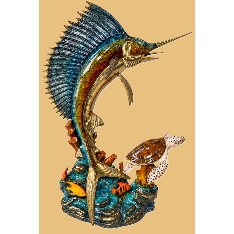 Sculptures & Beyond Swordfish/Sailfish & Sea Turtle Cast Bronze Fountain Sculpture – Lost-Wax Bronze with Hand-Applied Patina – Coastal & Nautical Decorative Art for Garden, Poolside, Patio & Outdoor Décor – Winds of Victory – 65"H
