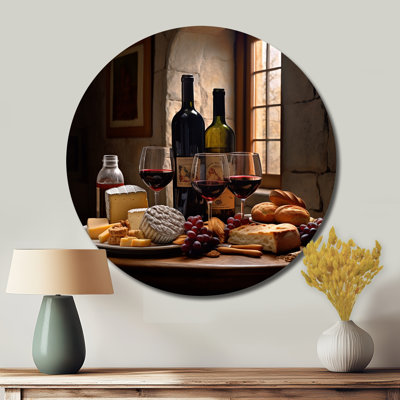 Cheese and Wine I - Food & Beverage Round Metal Art