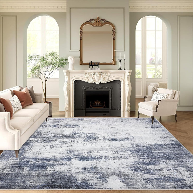 Washable Runner Rug Modern Abstract Non-Slip Stain-Resistant Indoor Carpet Hallway Low Pile Bedroom Laundry Entrance Blue