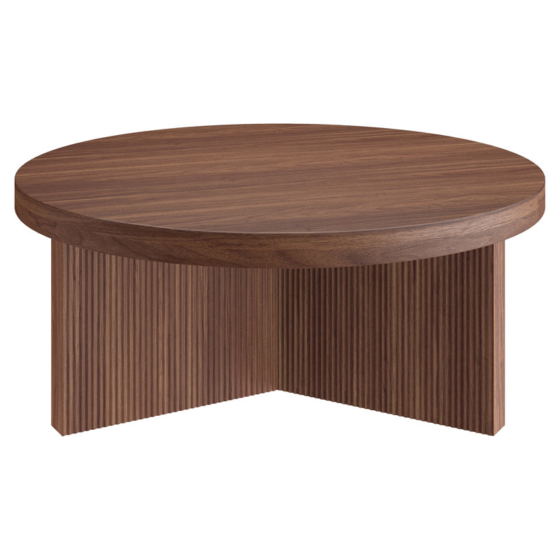 36" Wide Round Coffee Table with Fluted Base — Satin Walnut Scandinavian MDF Center Table for Living Room | Holm