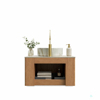 DINA 24" Bathroom Vanity & Sink, Floating Curved Edges Striped Cabinet With Drawer, Round Ceramic Basin With Stone Pattern & Travertine-Pattern Sintered Stone Top, Pre-Assembled