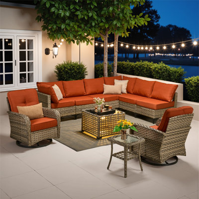 Emroy 8 - Person Wicker/Rattan Sectional Seating Group with Lighted Coffee Table and Swivel Chairs, All Weather Modular Outdoor Conversation Set with Cushions