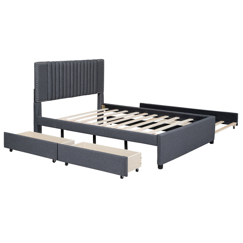 Lit plateforme tapissier avec 2 tiroirs et 1 tête de lit gigogne classique