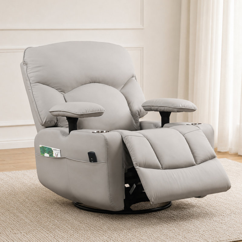 Modern Faux Leather Upholstered Recliner Chair, 270-Degree Swivel Rocker Recliner With Adjustable Armrest &Cup Holders For Nursing, And Living Room Relaxation, Gray