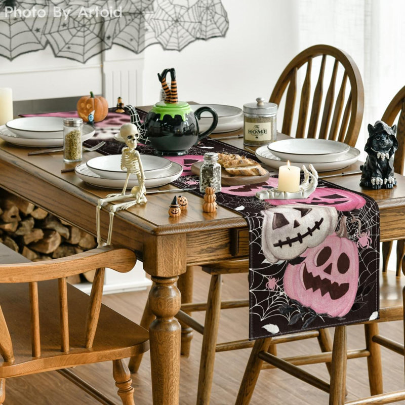 Chemin de table citrouille d'Halloween en toile d'araignée, décoration de table de salle à manger de saison, 13 po x 72 po