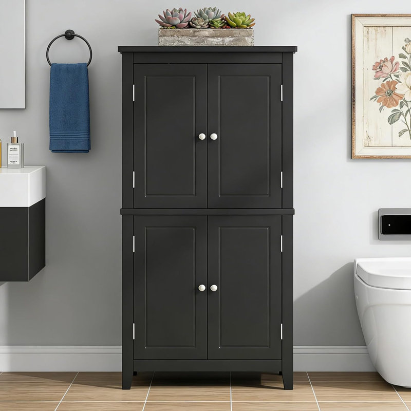 Bathroom Freestanding Storage Cabinet Black, 4 Doors With Adjustable Shelves & Anti-tipping Device, Mdf Organizer For Office & Entryway, 23.6" L X 11.8" W X 43.3" H
