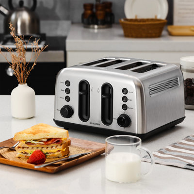 Buydeem Dt440 4 Slice Stainless Steel Toaster, With Extra Wide Slots For Bagels, Muffins, High Lift Lever, 6 Shade Settings, Retro Sliver