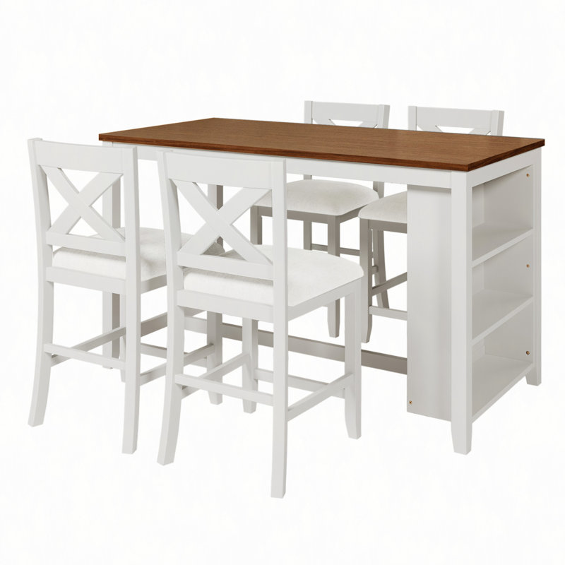 Ensemble de 5 tables de bar en bois à hauteur de comptoir avec 4 chaises, Brown/White, Blanc