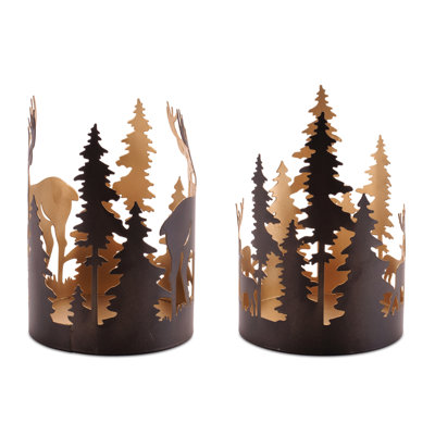 Cut Metal Deer and Forest Candle Holder