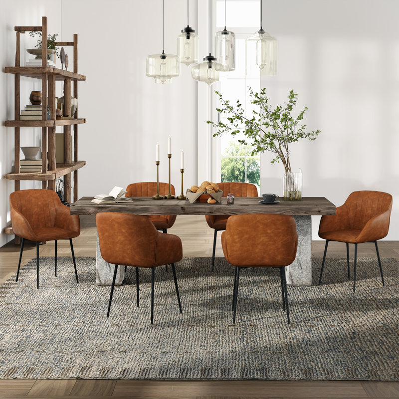 Modern Faux Leather Upholstered Dining Chairs with Metal Legs, Light Brown PU, 6