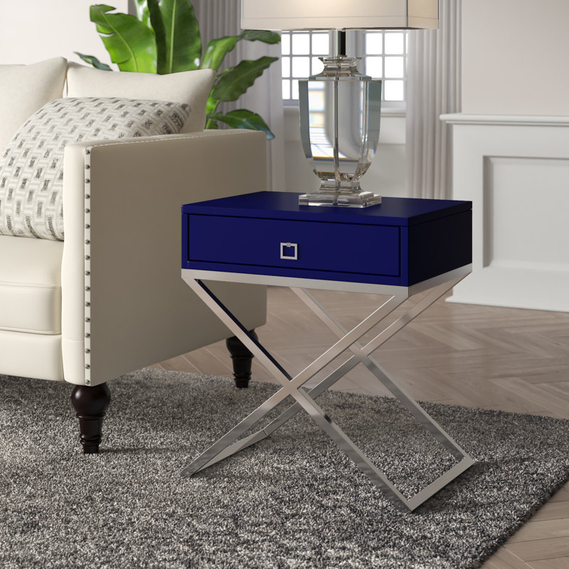 Table de bout avec rangement Marianna, Chrome, Bleu marine