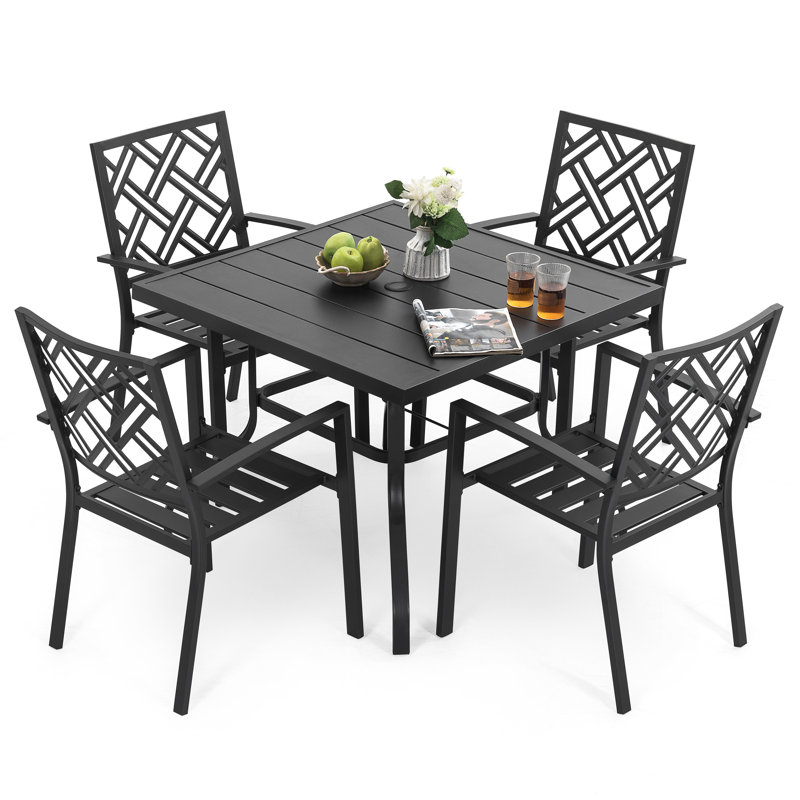 Patio 5pcs Dining Set With Umbrella Hole And 4 Stackable Chairs, 5 Pieces: Table, 4 Chairs, 28.5" H x 37" W x 37" D