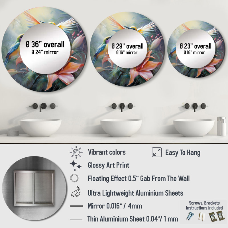 Tropical Flowers with Beautiful Bird - Birds Of Paradise Large Mirror, Peach Round Decorative Wall Mirror, Printed Metal Art