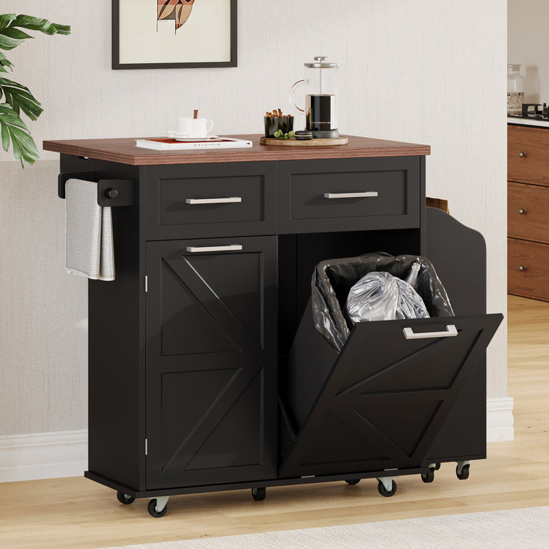 Farmhouse Kitchen Island With Drop Leaf, Black