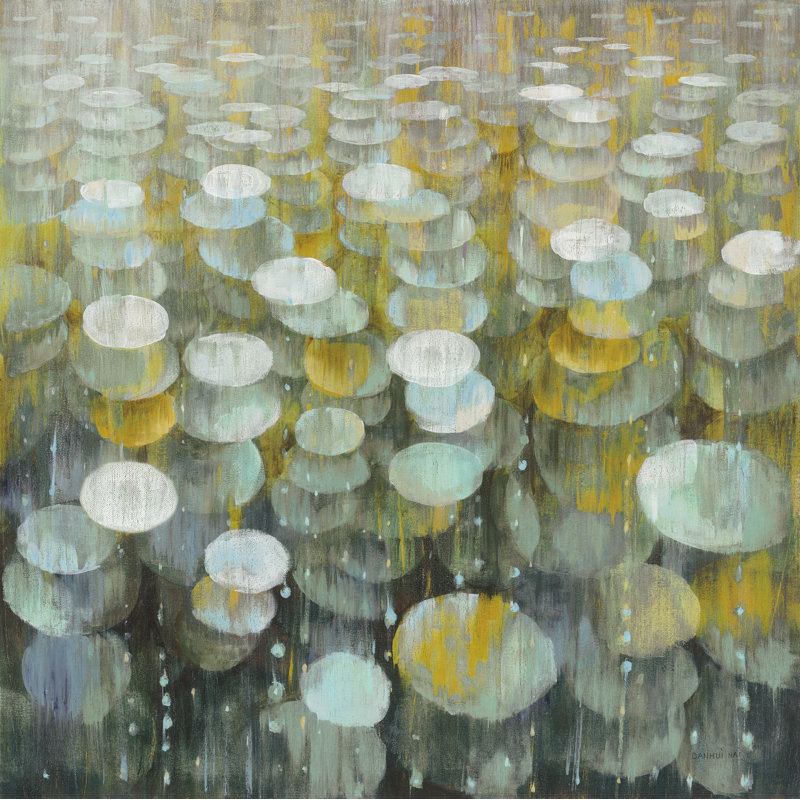 «Rain Drops Yellow Grey» par Danhui Nai, reproduction d'art sur toile tendue, H 30 po x l 30 po, Non, Cadre simple argenté