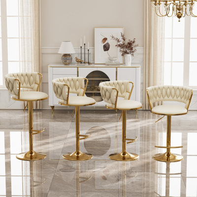 Modern Velvet Upholstered Bar Stools (Set of 2 or 4), 360° Swivel, Height-Adjustable Bar Stools with Gold and Silver Metal Base, Comfortable Counter Stools for Kitchen Islands, Home Bars, Pubs, and Cafés