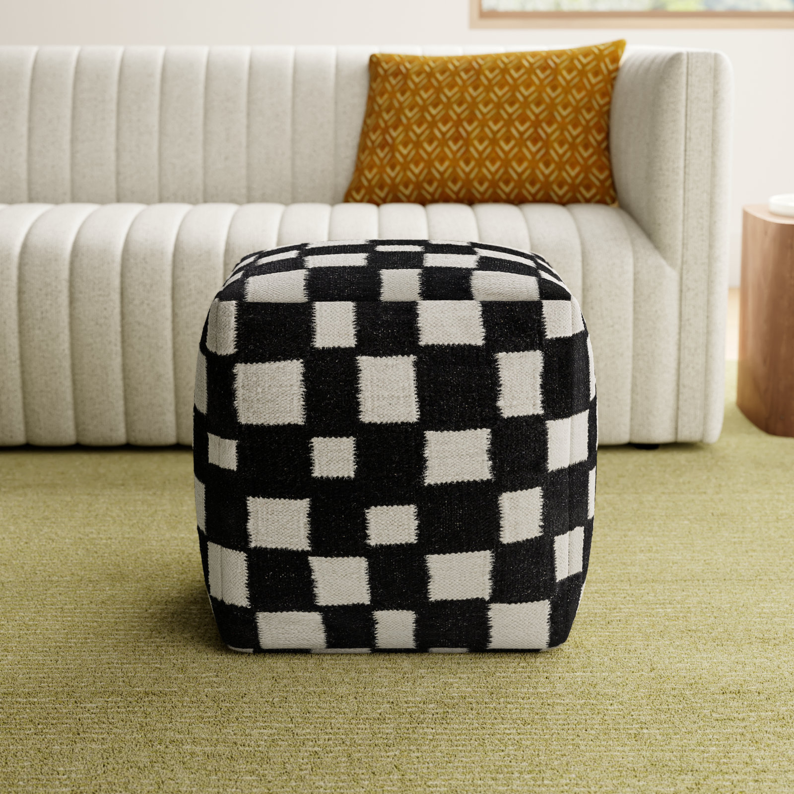 Gwennie Upholstered Pouf, Black/White Wool/Cotton Blend