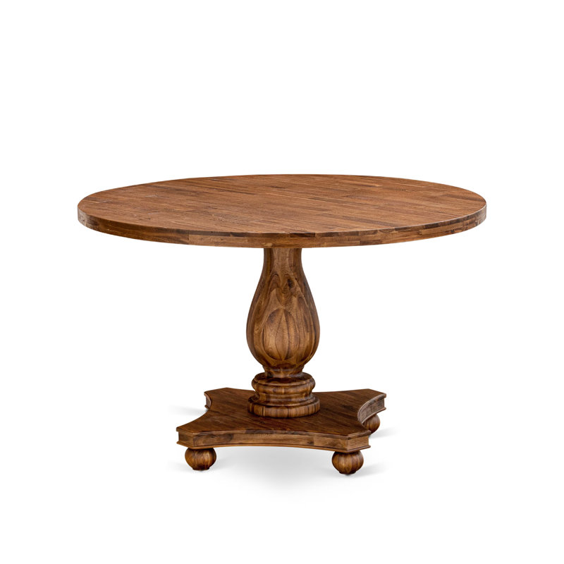 5 Piece Dinette Set Includes a Round Dining Room Table with Pedestal and 4 Doeskin Linen Fabric Upholstered Parson Chairs, Antique Walnut