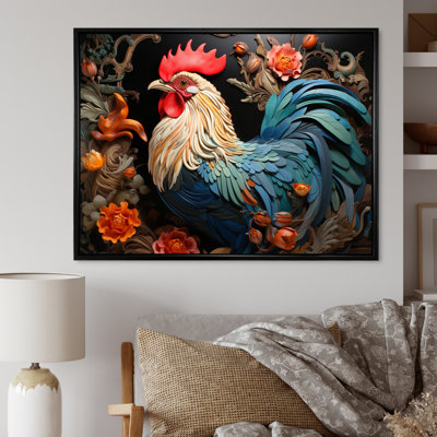 Coq bleu avec fleurs orange