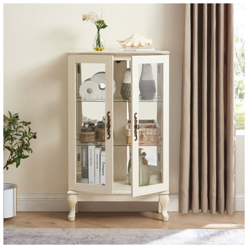 2-Door White Curio Cabinet with Tempered Glass Doors, Lighted Display Cabinet featuring Mirrored Back and Adjustable Shelves - American Retro Style for Home Office
