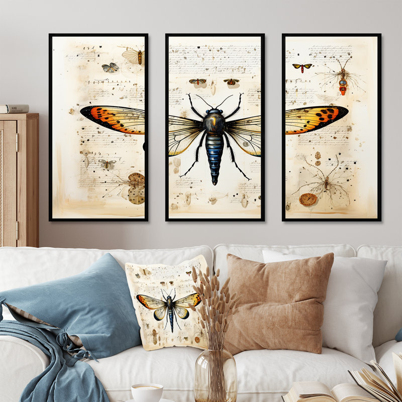 «Beige and Yellow Moth Blueprint - Insectes & Bugs», art mural, H 28 po x l 36 po, Cadre flottant noir