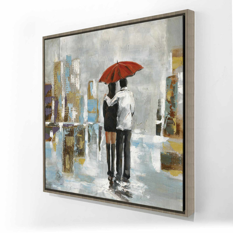Couple marchant sous un parapluie - femme, toile encadrée bleue
