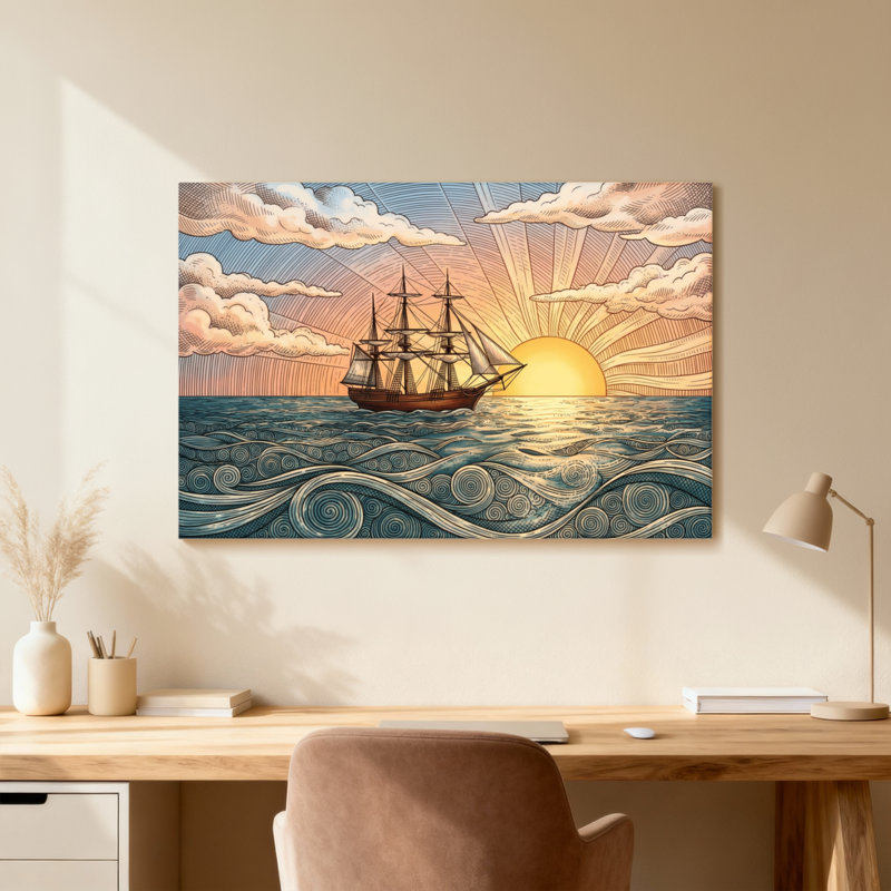 Sailing Ship Sunset Ocean Waves Sky Clouds Sunlight, 12" H x 18" W, Light Wood Grain, Single Picture Framed