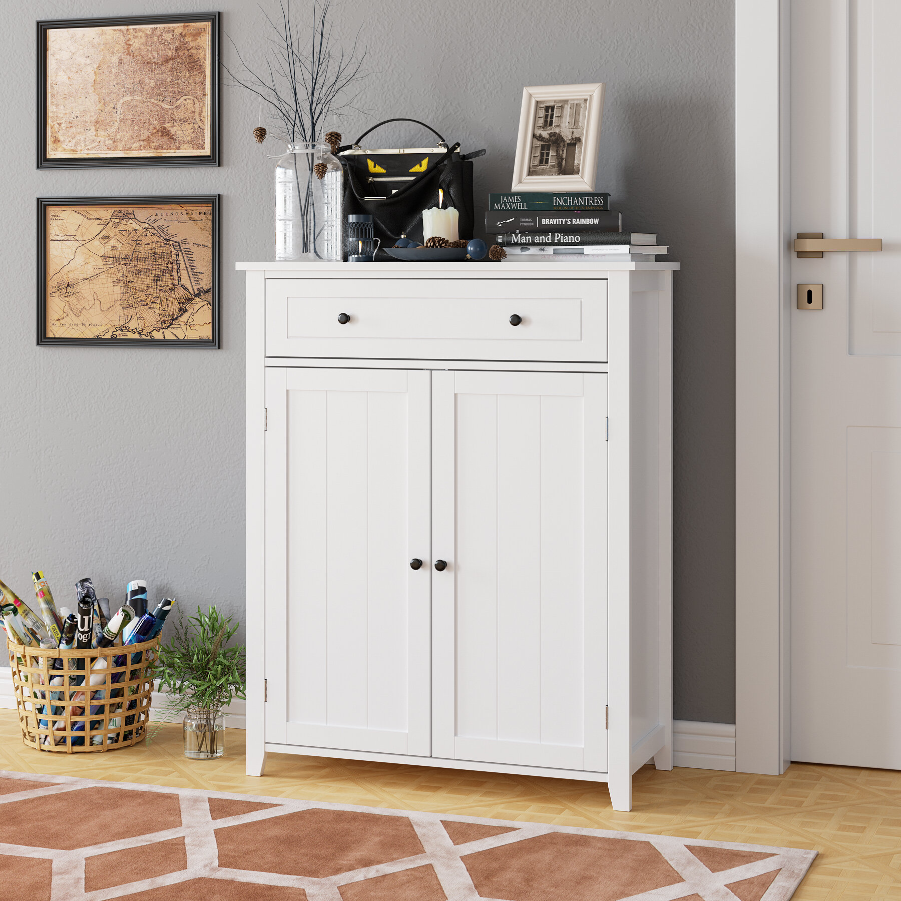 Mamme Bathroom Floor Storage Cabinet with Double Door & Shelf, Wooden Organizer Cabinet, White Red Barrel Studio