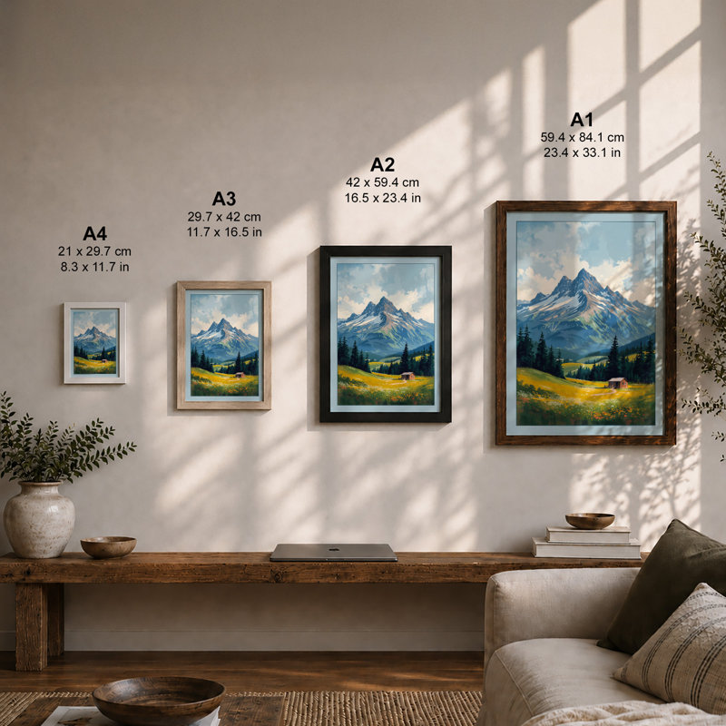 Mountain at Sunrise Rustic - Framed Print, A2 - 59.4 x 42.0 cm, Oak