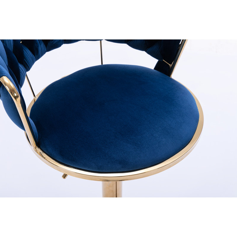 2 tabourets de bar, surface en velours bleu, pieds dorés, repose-pieds et base, hauteur réglable par outil de levage mécanique de 2 pieds avec instrument traversant