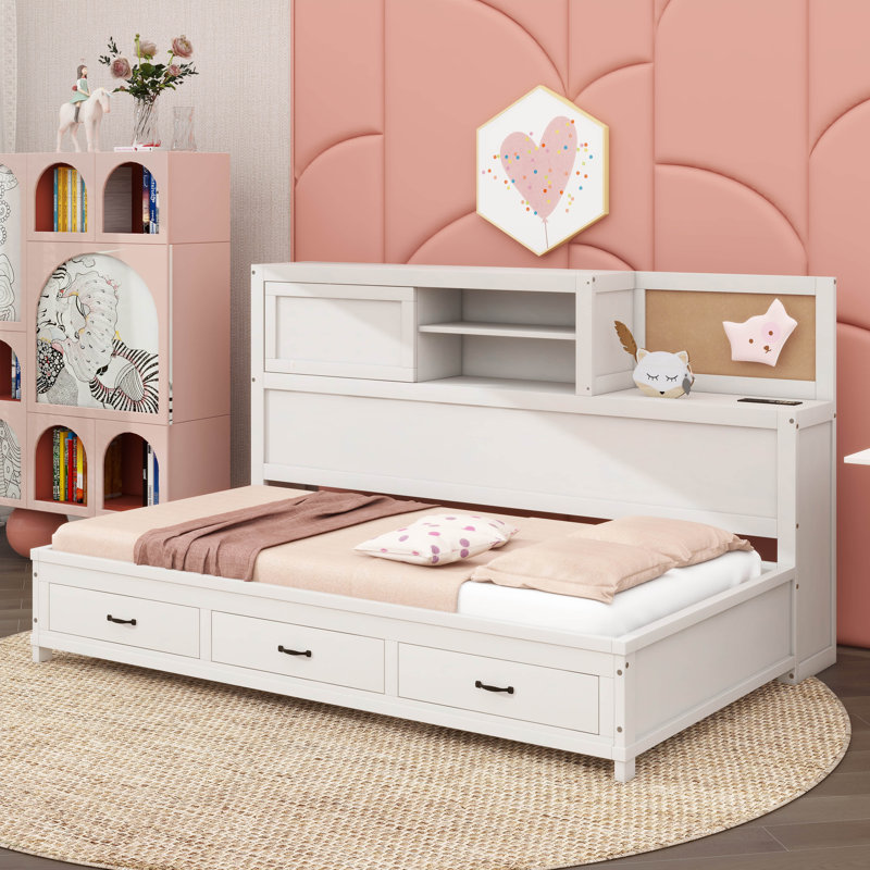 Jacksten Wooden Daybed With 3 Drawers, Upper Soft Board, Shelf, Sockets And USB Ports, Twin, White