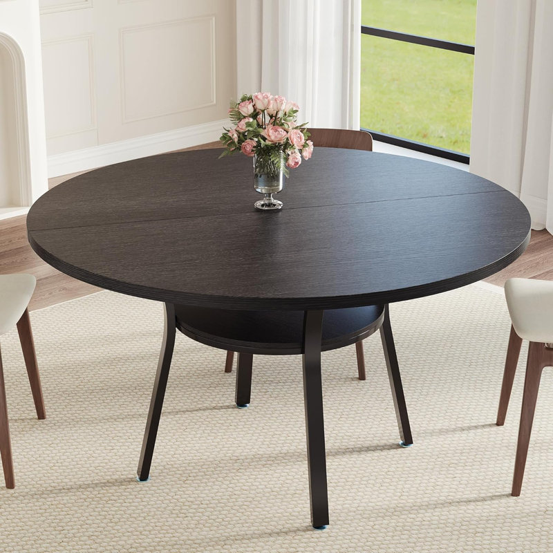 47'' Round Dining Table for 4-6, Farmhouse Dining Room Table, Round Dinner Table with Storage Shelf for Dining Room, Kitchen, Living Room, Black