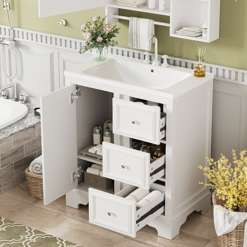 Meuble-lavabo de salle de bain avec lavabo en céramique, tablettes réglables, White