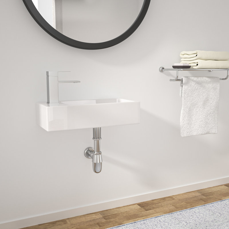 14.5" x 7" White Ceramic Wall-Mounted Bathroom Sink, Compact Rectangular Floating Vanity Basin with Single Faucet Hole for Small Bathrooms & Powder Room