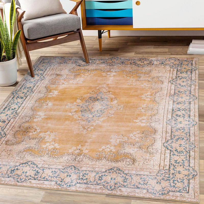 Vintage Distressed Blue and Orange 4' x 6' Machine Washable Rug