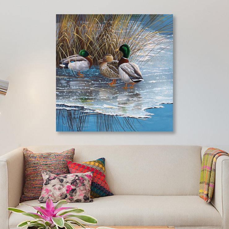 «Three Ducks on Ice», impression sur toile, H 48 po x l 48 po x P 1,5 po, Pas de tapis, Toile tendue