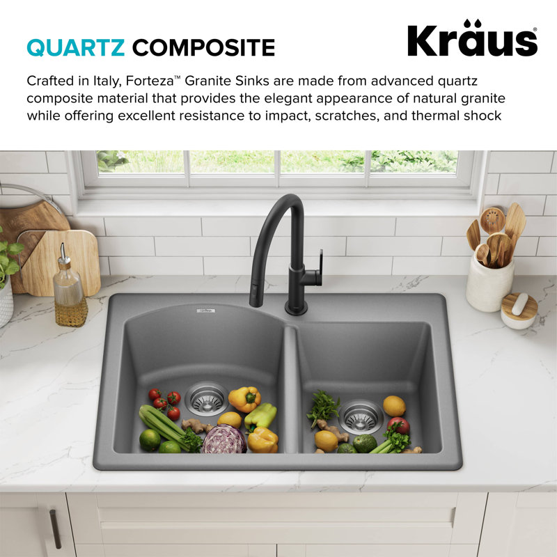 Gray 33'' Dual Bowl Granite Drop-In Kitchen Sink