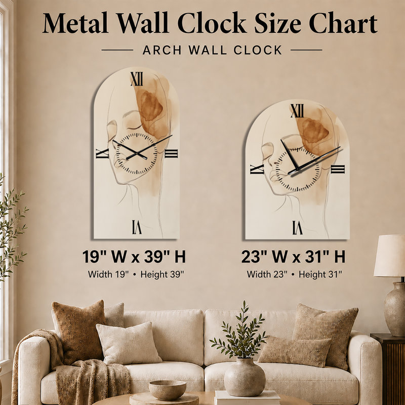 Ligne douce Féminine Form II - Horloge murale décorative minimaliste en forme d'arche, imprimée sur métal