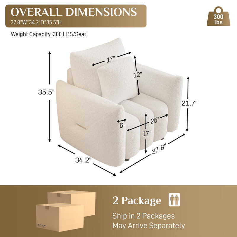 Fauteuil d'appoint en tissu 38 po avec siège moelleux, Beige / Blanc