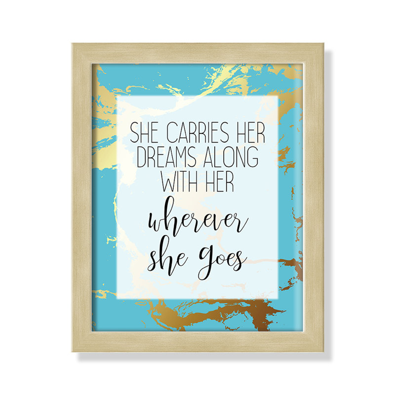«Whereever she goes», art encadré, H 11 po x l 9 po x P 1,19 po, Encadré de boîte champagne clair