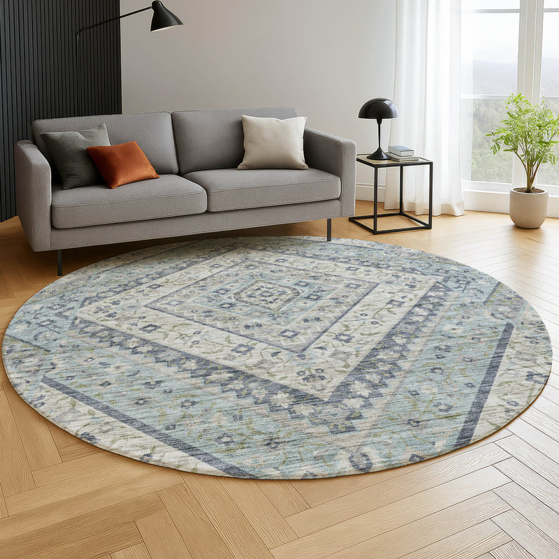 Premium Machine Washable Mayfield AMF2195 geometric Rug, Sky, 8' Round
