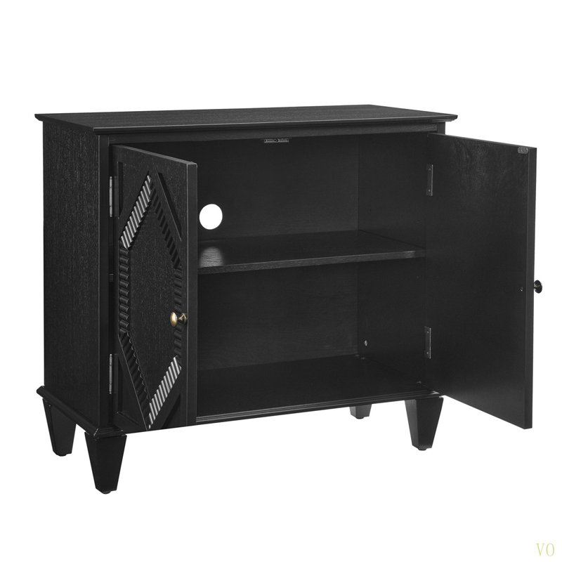 33.6" Retro Wooden Sideboard Buffet Cabinet With Storage, Symmetrical Geometric Accent Display Cabinets, Media Console Credenza For Living Room/Entryway/Dining Room/Kitchen, Black