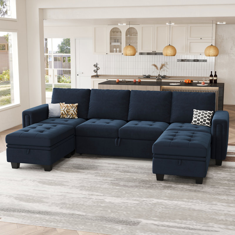 Canapé-lit modulaire convertible en velours en U Shavera, Velours bleu