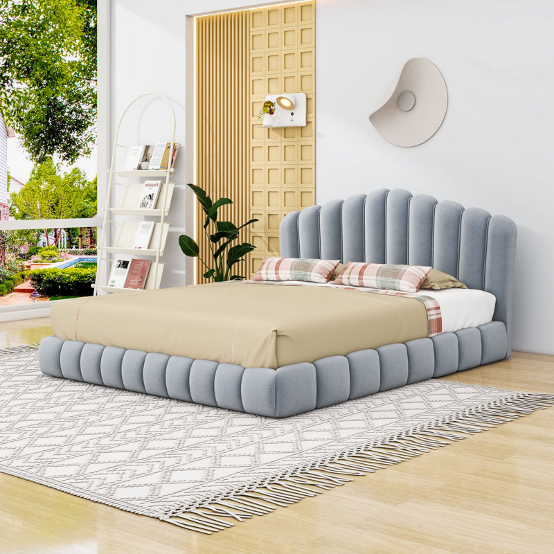 Grand lit plateforme tapissier de plancher avec tête de lit, Bleu clair
