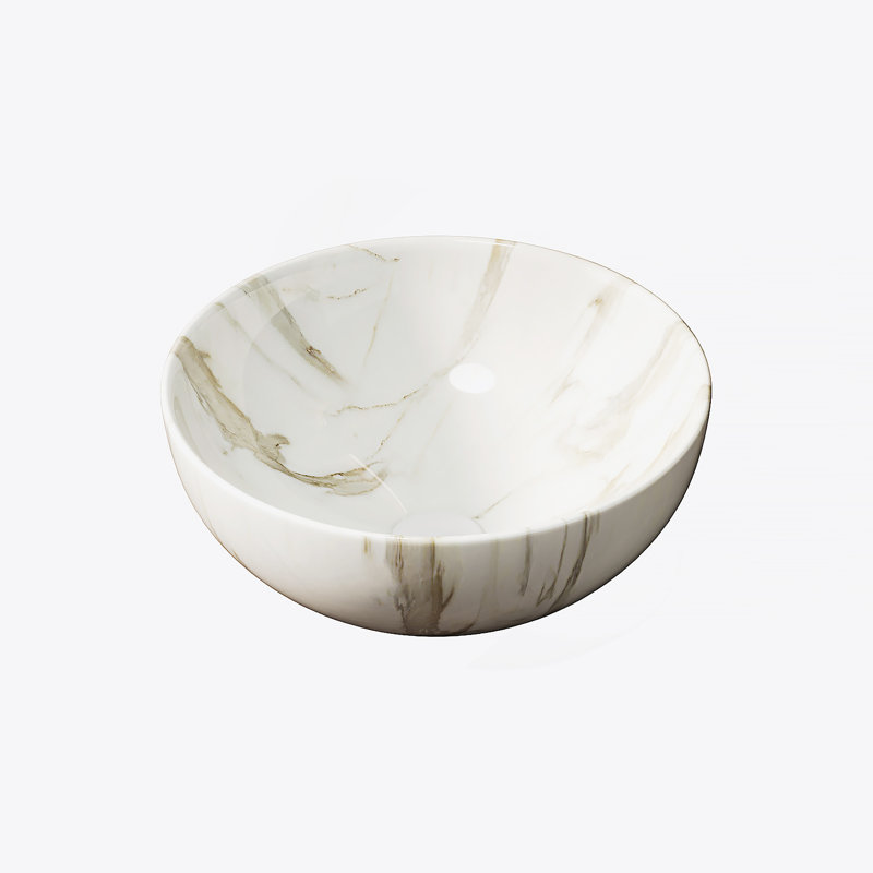 14'' Bathroom Sink, Bowl Vessel Ceramic Sink With Stone Pattern Without Faucet, NO Cabinet, Matte White, White