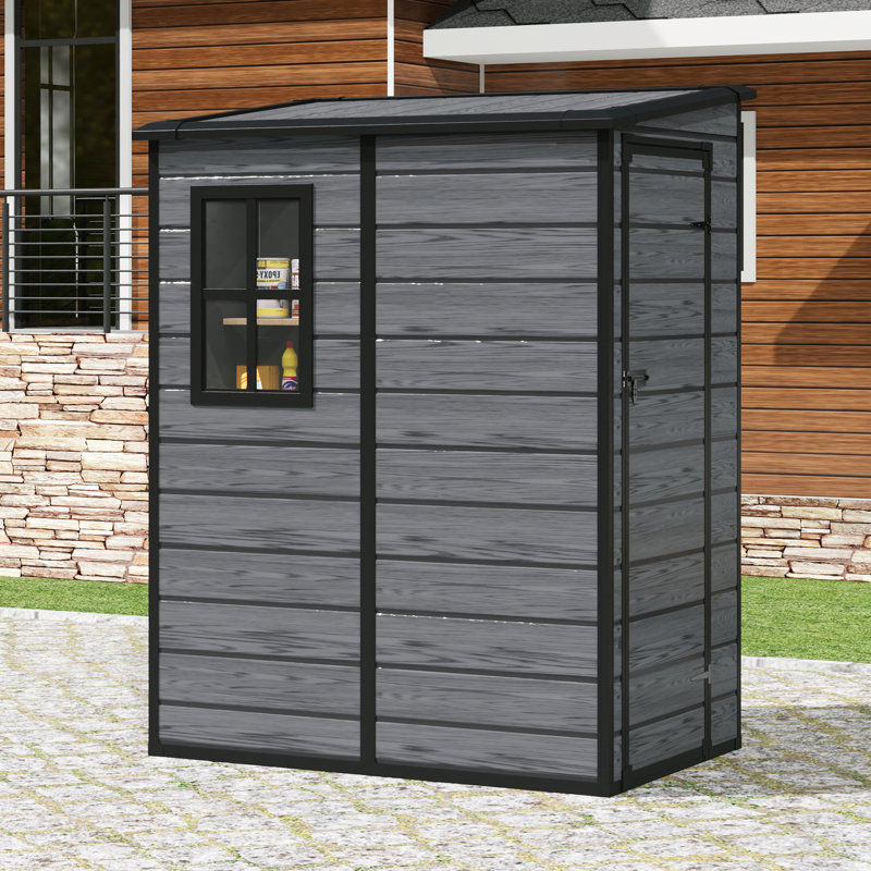 Dark grey wood grain plastic tool shed