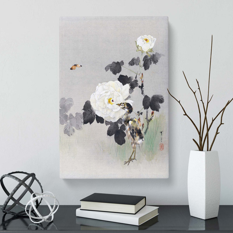 Young Bird & Butterfly By The Roses by Watanabe Seitei - Wrapped Canvas, 50cm H x 35cm W x 3cm D