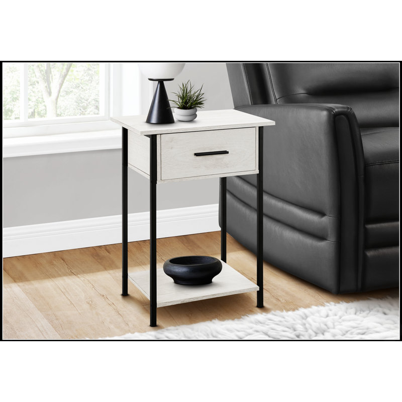 Table d'appoint contemporaine à 2 niveaux avec tiroir de rangement, idéale pour le salon et les petits espaces, stratifié en chêne délavé et structure en métal